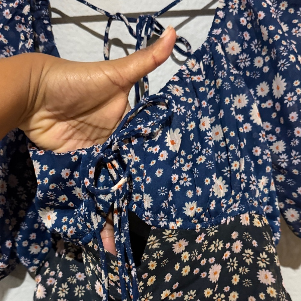 Free People revolve tessa babydoll 2 tone Navy Floral Dress with Tie Back ruched - Picture 6 of 11